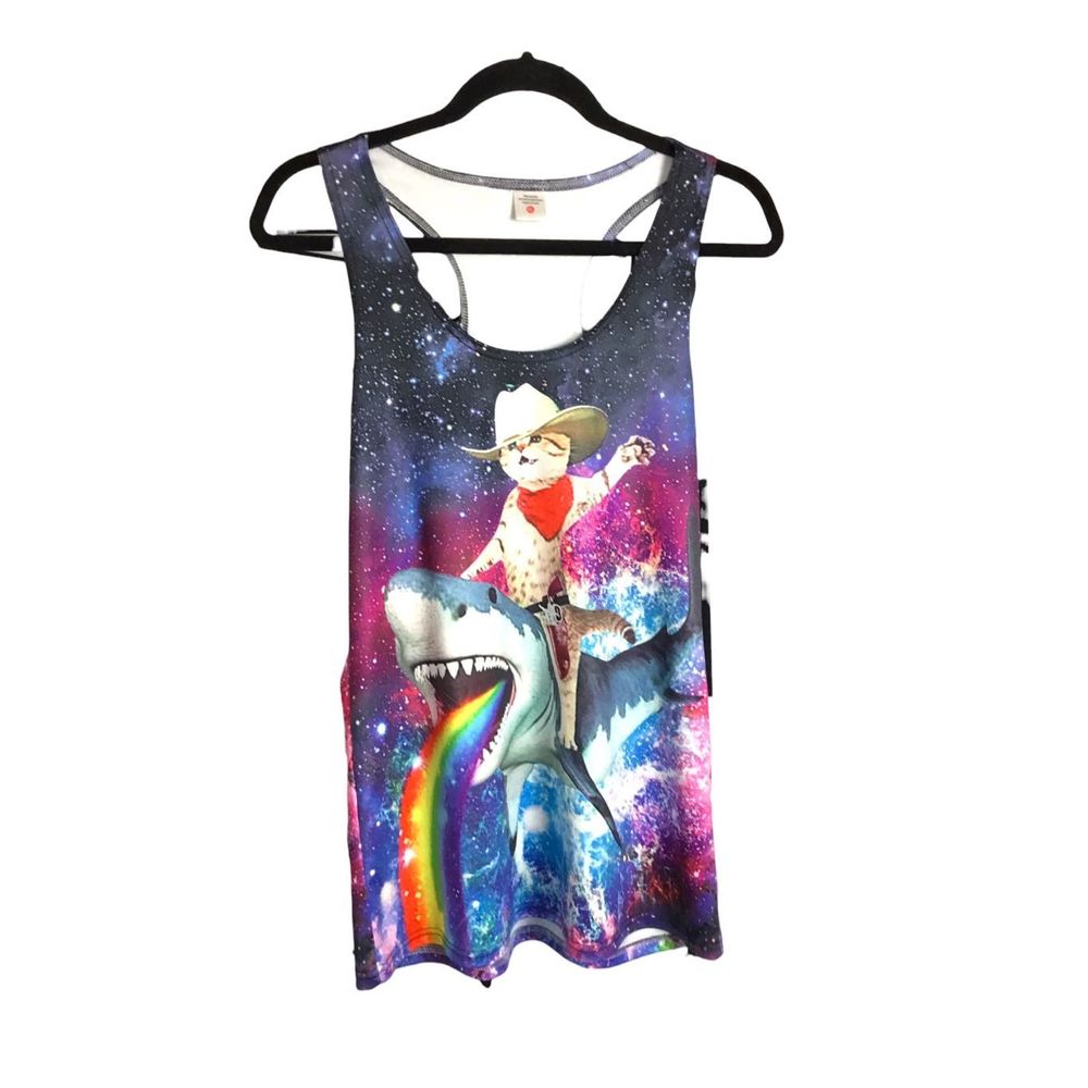 SOLD Cowboy cat riding a shark Racerback Tank